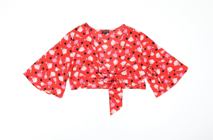 Topshop Womens Red Floral Polyester Cropped Blouse Size 12 V-Neck