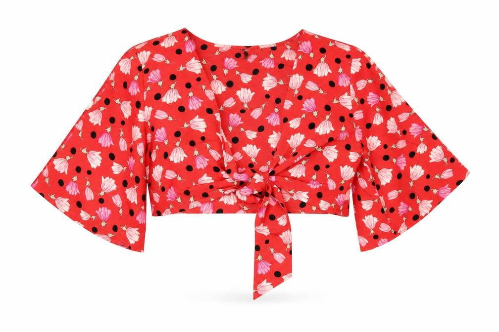 Front view of Topshop women’s red floral polyester cropped blouse, size UK 12, v-neck