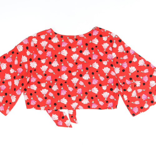 Topshop Womens Red Floral Polyester Cropped Blouse Size 12 V-Neck