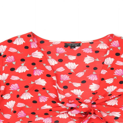 Topshop Womens Red Floral Polyester Cropped Blouse Size 12 V-Neck