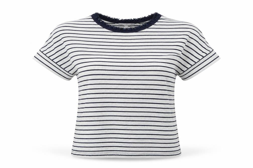 Front view of Oliver Bonas women’s grey striped polyester basic t-shirt, size UK 8, round neck