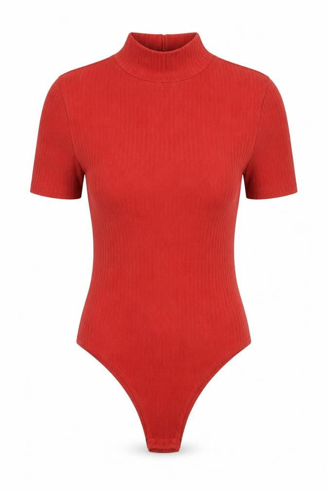 Front view of Missguided women’s red polyethylene bodysuit one-piece, size UK 8, snap
