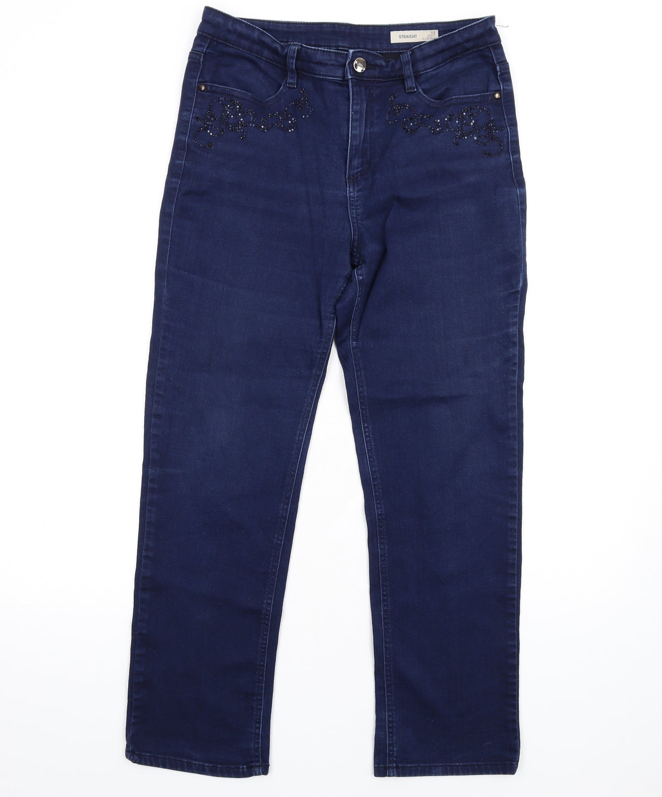 Marks and Spencer Womens Blue Cotton Straight Jeans Size 12 L29 in Regular Zip