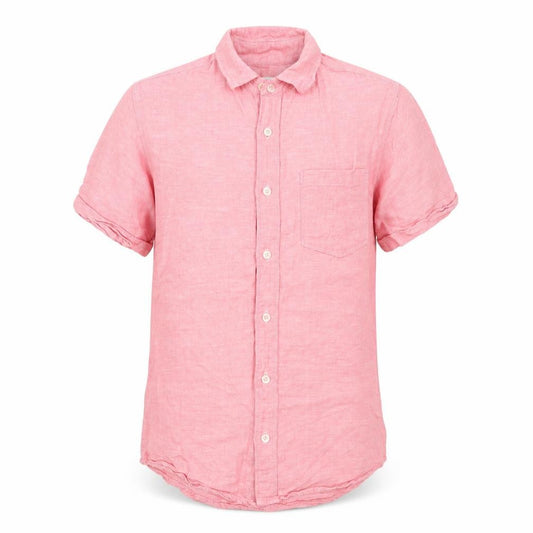 Front view of Burton men’s pink linen button-up, size S, collared button
