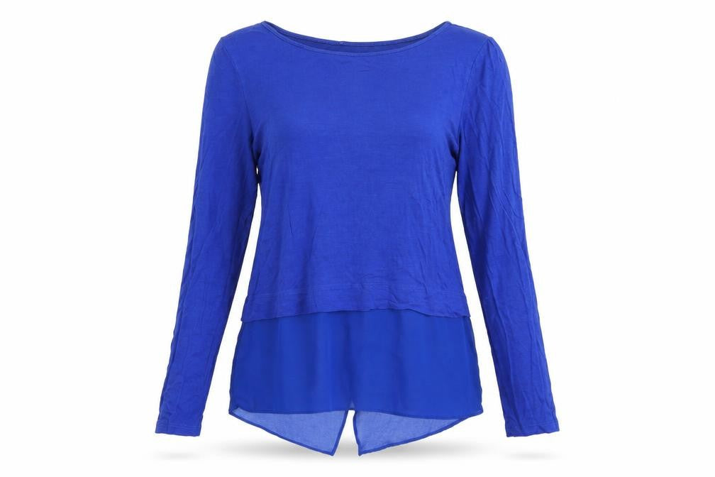 Front view of Oasis women’s blue viscose basic t-shirt, size XS, round neck