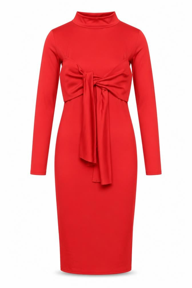 Front view of PRETTYLITTLETHING women’s red polyester bodycon, size UK 8, mock neck pullover