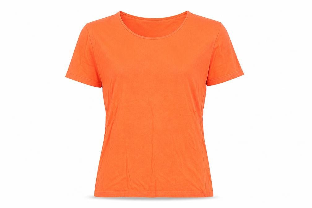 Front view of Jaegar women’s orange viscose basic t-shirt, size L, round neck