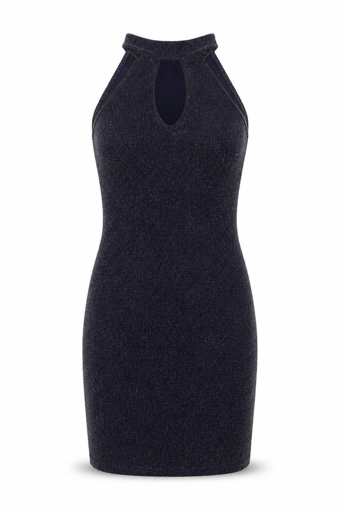 Front view of IX London women’s blue polyester bodycon, size UK 12, halter button - keyhole neck