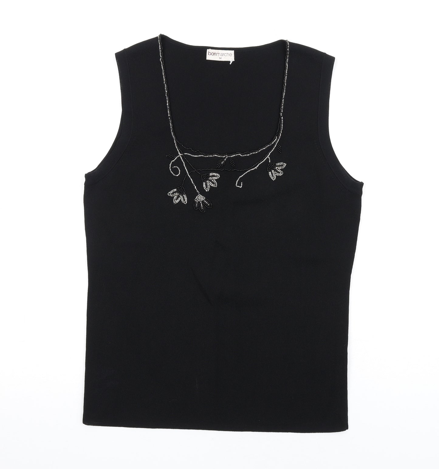 Bonmarché Womens Black Viscose Basic Tank Size M Square Neck - Beaded Neckline Sequin