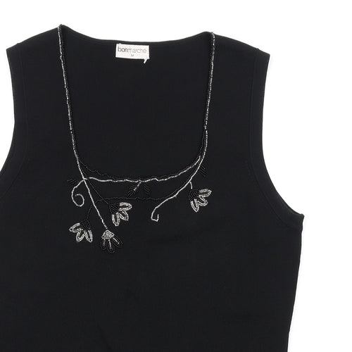 Bonmarché Womens Black Viscose Basic Tank Size M Square Neck - Beaded Neckline Sequin