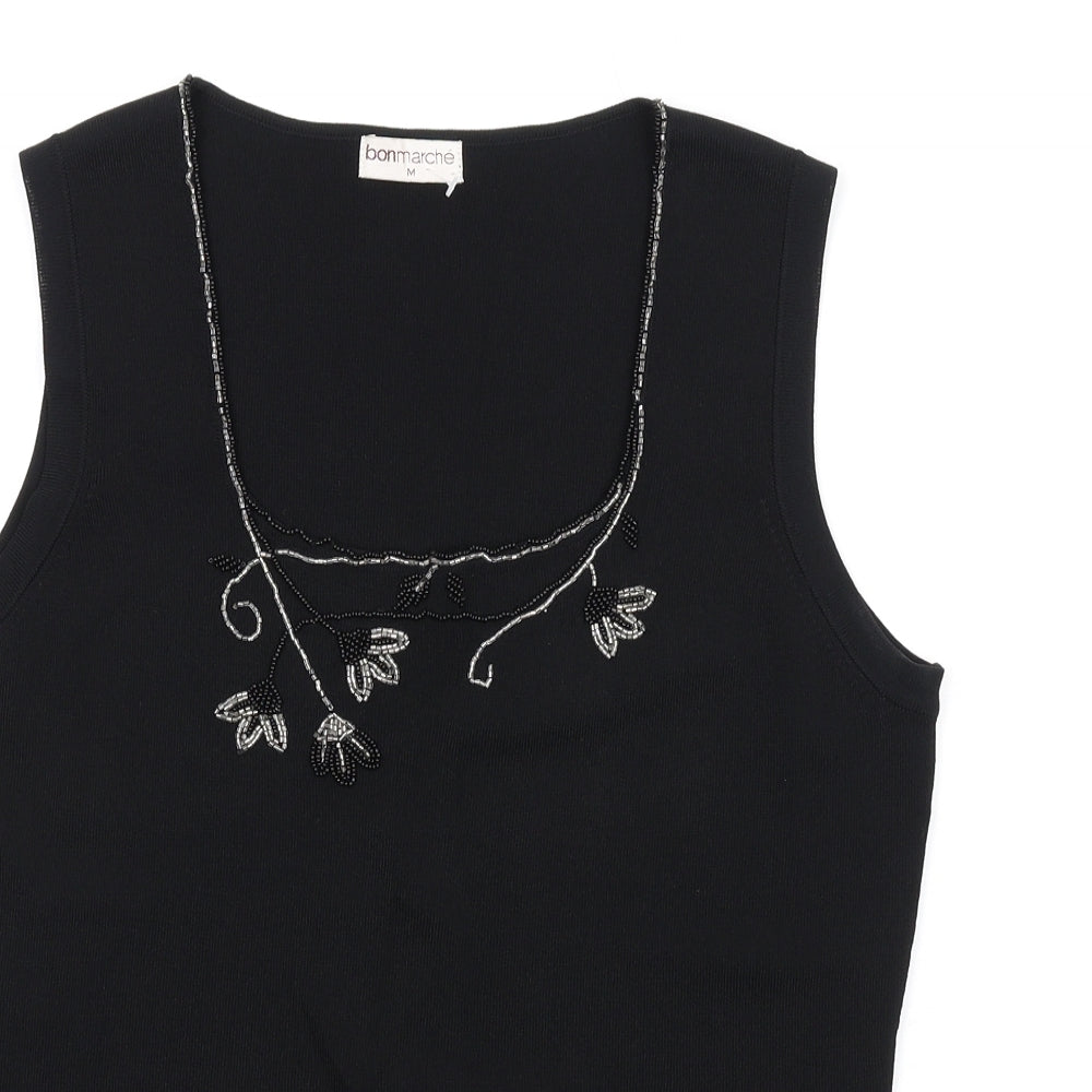 Bonmarché Womens Black Viscose Basic Tank Size M Square Neck - Beaded Neckline Sequin