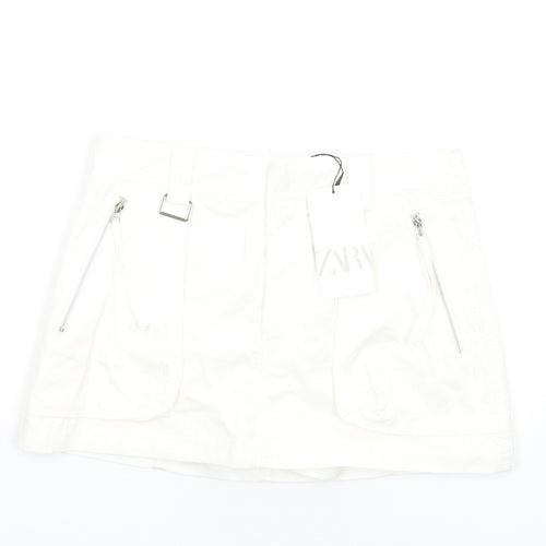Zara Womens White Cotton Skater Skirt Size S Zip