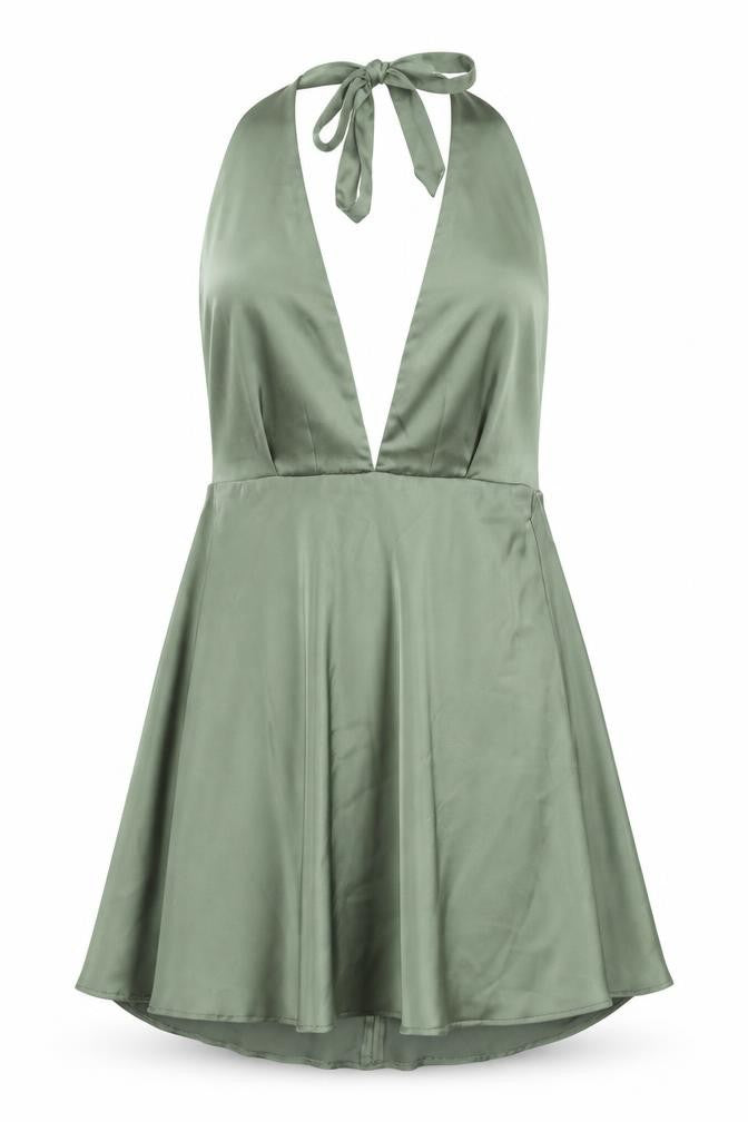 Front view of Zara women’s green polyester a-line, size M, halter zip - open back