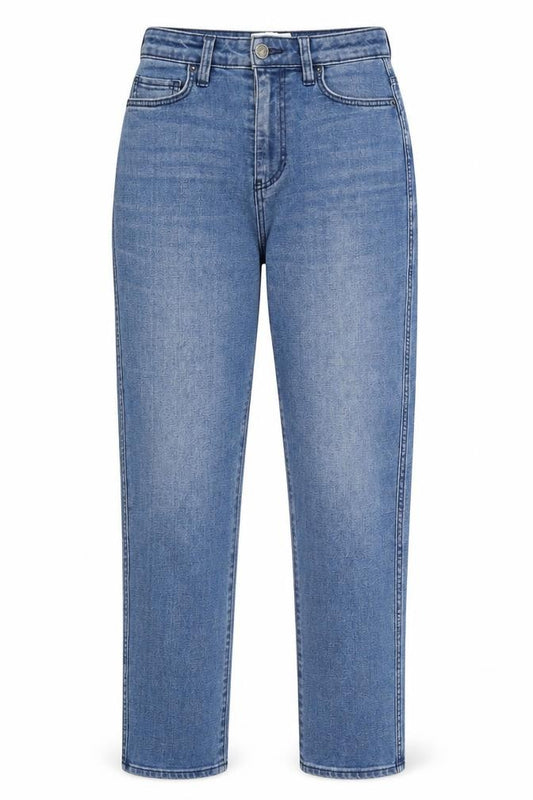 Front view of Lee Cooper women’s blue cotton mom jeans, size UK 30, in, 31-inch leg regular zip