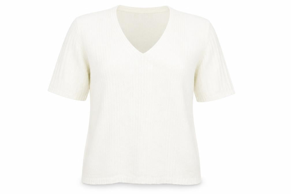 Front view of Berkertex women’s ivory v-neck acrylic jumper, size UK 14