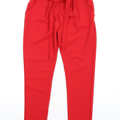 Prague Womens Red Polyester Trousers Size 8 L29 in Regular - Papperbag Waist