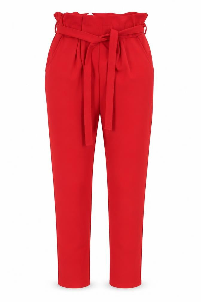 Front view of Prague women’s red polyester trousers, size UK 8, 29-inch leg regular - papperbag waist