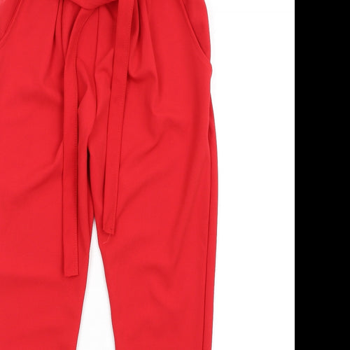 Prague Womens Red Polyester Trousers Size 8 L29 in Regular - Papperbag Waist