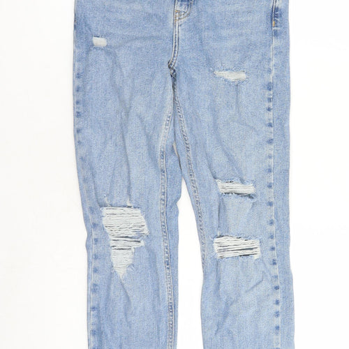 New Look Girls Blue Cotton Straight Jeans Size 12 Years L25 in Regular Zip - Distressed Look Mom Style