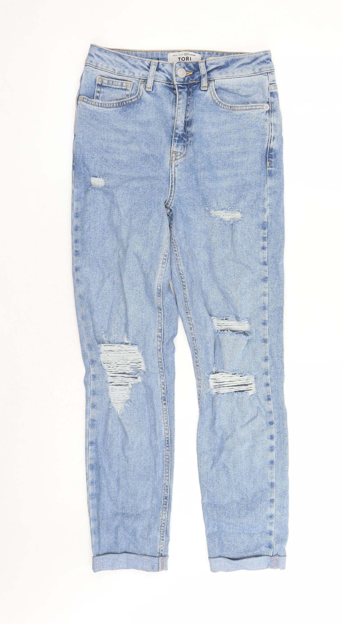 New Look Girls Blue Cotton Straight Jeans Size 12 Years L25 in Regular Zip - Distressed Look Mom Style