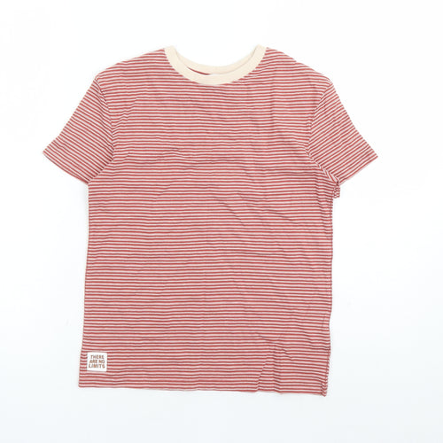 Marks and Spencer Boys Red Striped Cotton Basic T-Shirt Size 8-9 Years Crew Neck Pullover - There Are No Limits