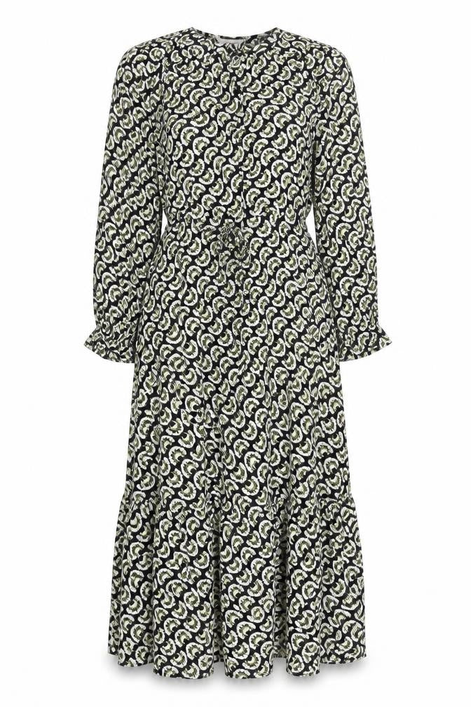 Front view of Per Una women’s black geometric viscose maxi, size UK 8, round neck pullover - keyhole neckline