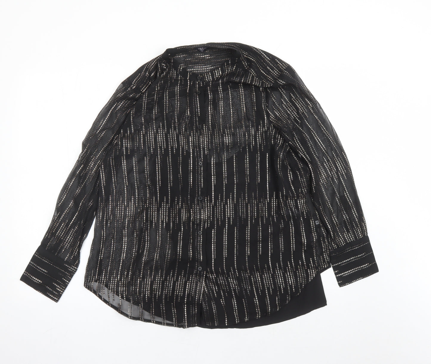 Marks and Spencer Womens Black Geometric Polyester Basic Button-Up Size 10 Round Neck