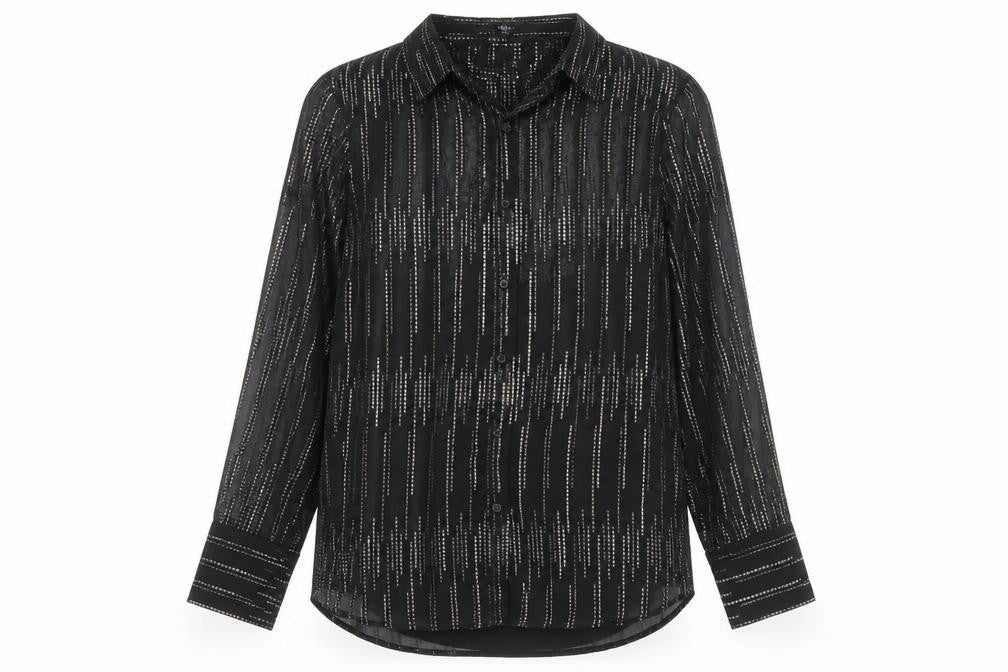 Front view of Marks & Spencer women’s black geometric polyester basic button-up, size UK 10, round neck