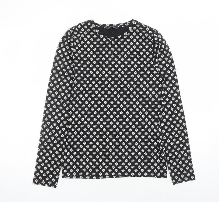 Marks and Spencer Womens Black Geometric Cotton Basic T-Shirt Size 8 Round Neck