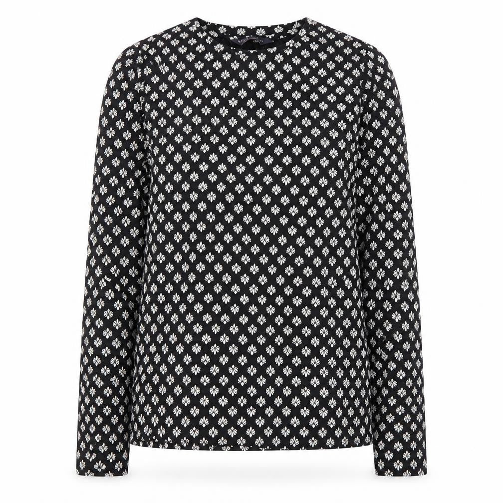 Front view of Marks & Spencer women’s black geometric cotton basic t-shirt, size UK 8, round neck