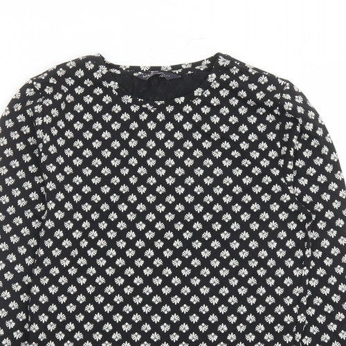 Marks and Spencer Womens Black Geometric Cotton Basic T-Shirt Size 8 Round Neck