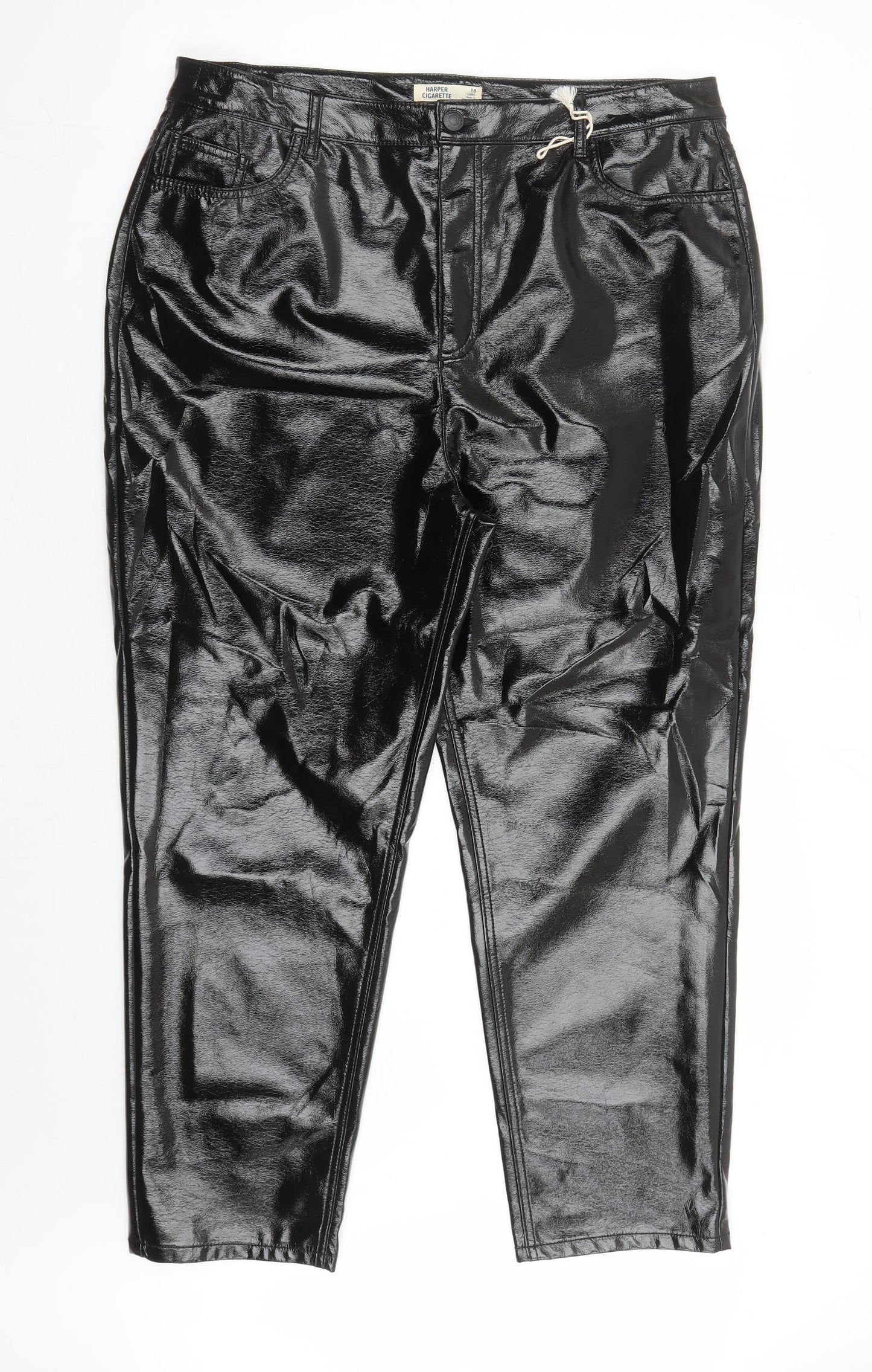 Marks and Spencer Womens Black Polyester Trousers Size 18 L27 in Regular Zip - Faux Leather