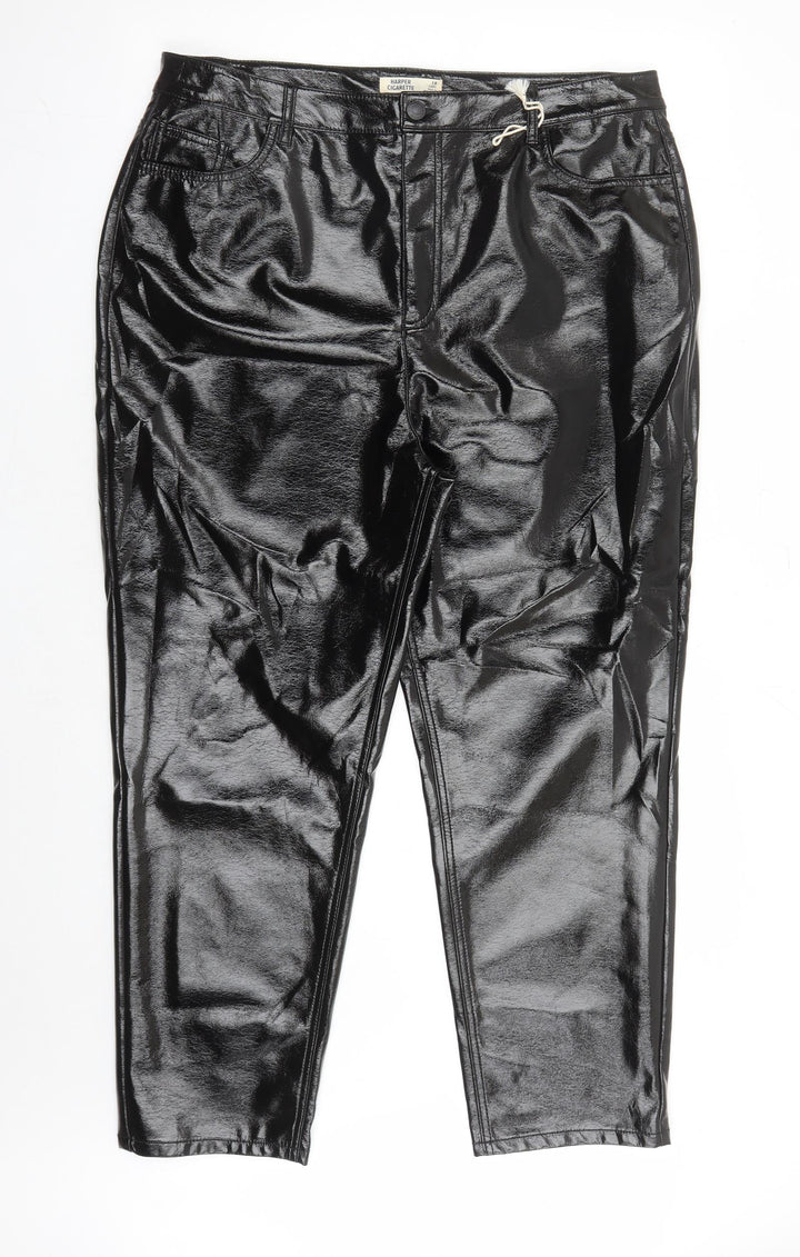 Marks and Spencer Womens Black Polyester Trousers Size 18 L27 in Regular Zip - Faux Leather