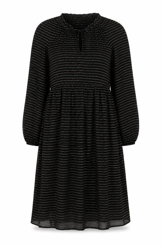 Front view of Per Una women’s black striped viscose a-line, size UK 10, round neck pullover - lined