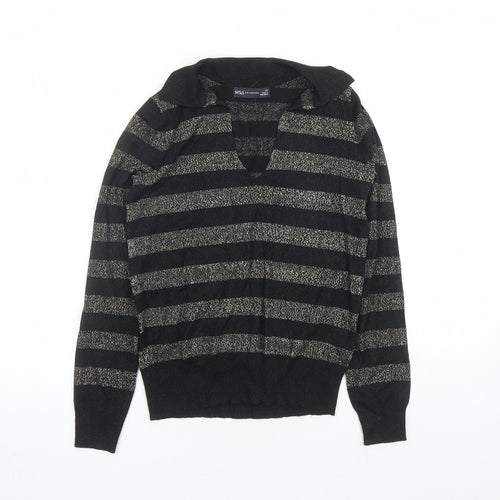Marks and Spencer Womens Black Collared Striped Viscose Pullover Jumper Size XS