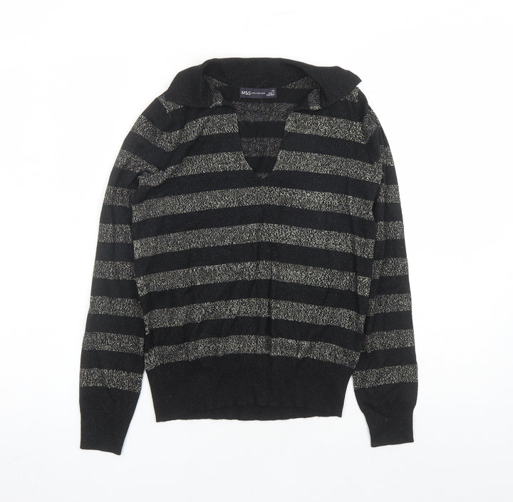 Marks and Spencer Womens Black Collared Striped Viscose Pullover Jumper Size XS