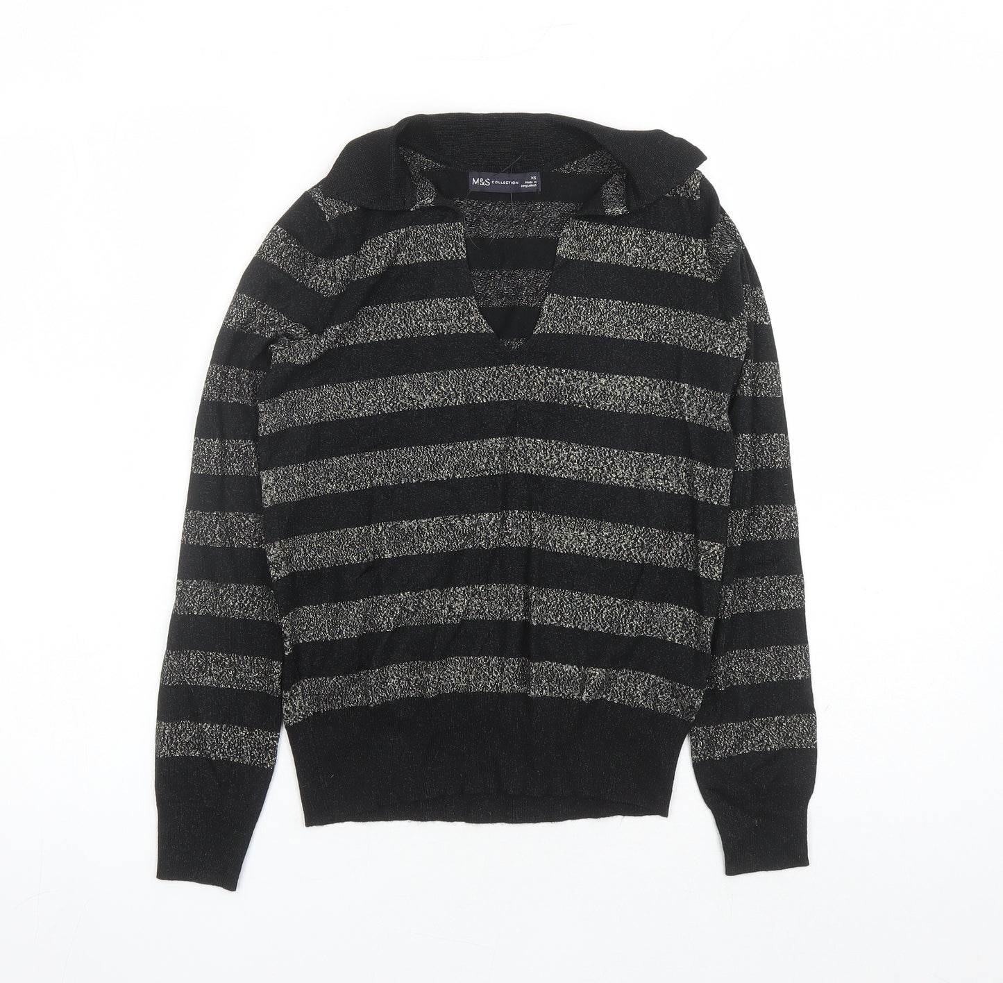 Marks and Spencer Womens Black Collared Striped Viscose Pullover Jumper Size XS