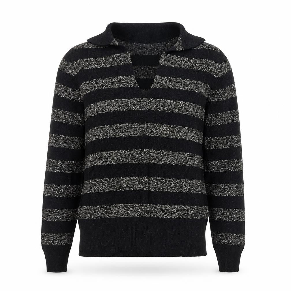 Front view of Marks & Spencer women’s black collared striped viscose jumper, size XS