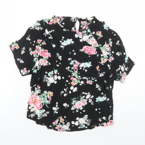 Marks and Spencer Womens Black Floral Viscose Basic Blouse Size 6 Round Neck