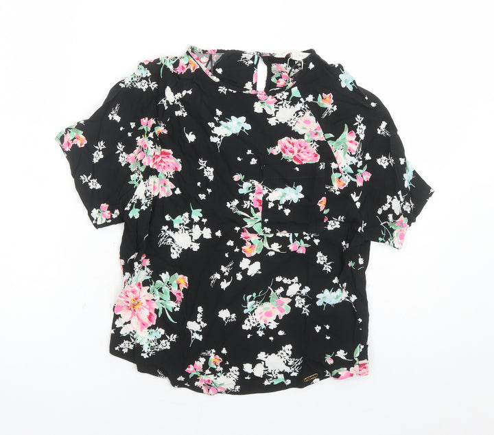 Marks and Spencer Womens Black Floral Viscose Basic Blouse Size 6 Round Neck