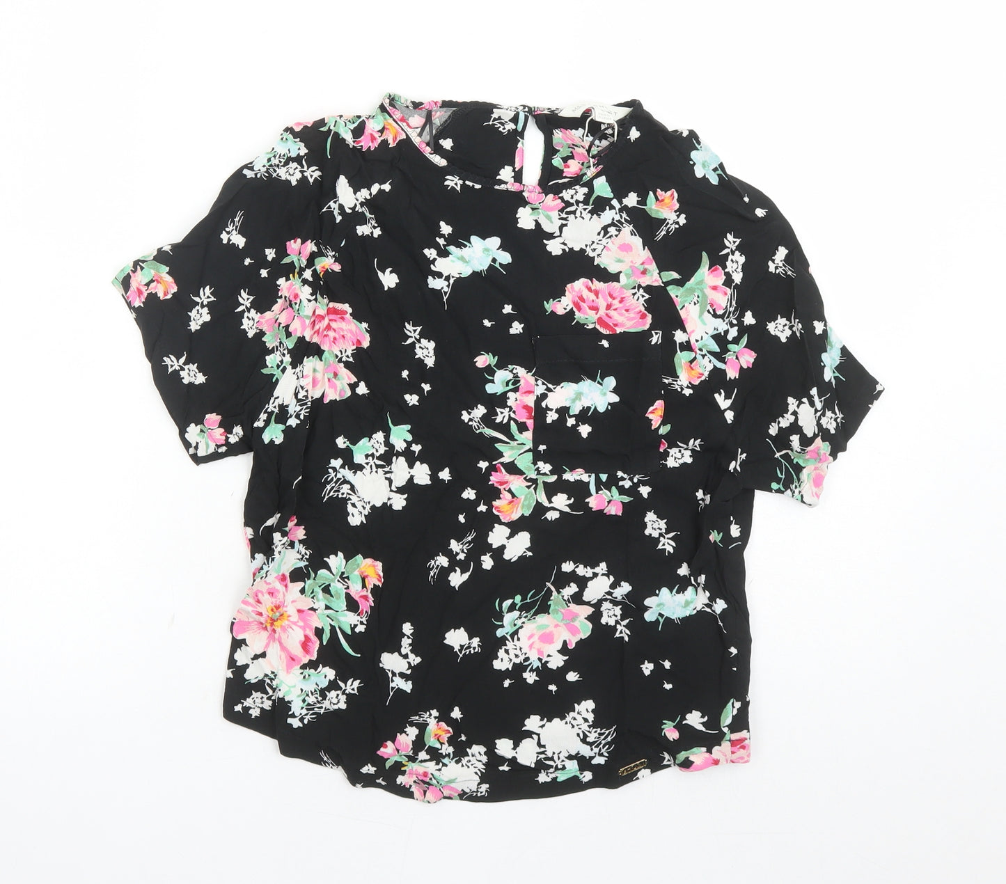Marks and Spencer Womens Black Floral Viscose Basic Blouse Size 6 Round Neck