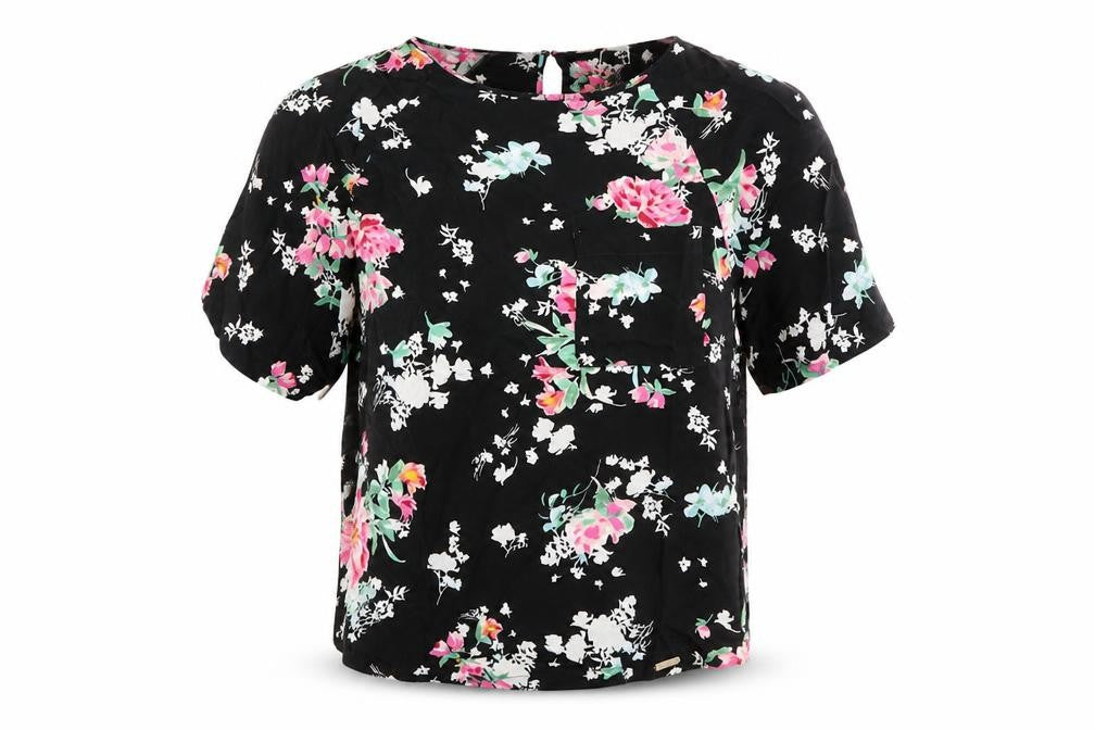 Front view of Marks & Spencer women’s black floral viscose basic blouse, size UK 6, round neck