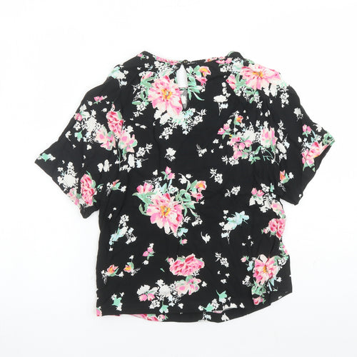 Marks and Spencer Womens Black Floral Viscose Basic Blouse Size 6 Round Neck