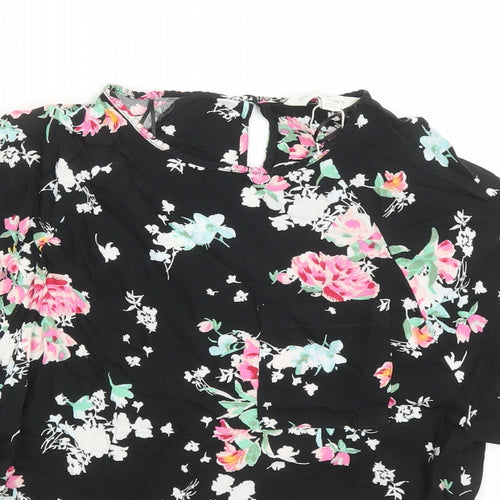Marks and Spencer Womens Black Floral Viscose Basic Blouse Size 6 Round Neck