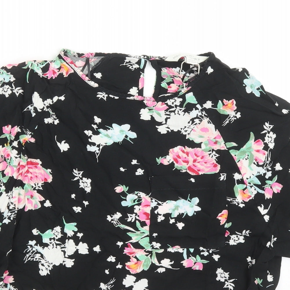 Marks and Spencer Womens Black Floral Viscose Basic Blouse Size 6 Round Neck