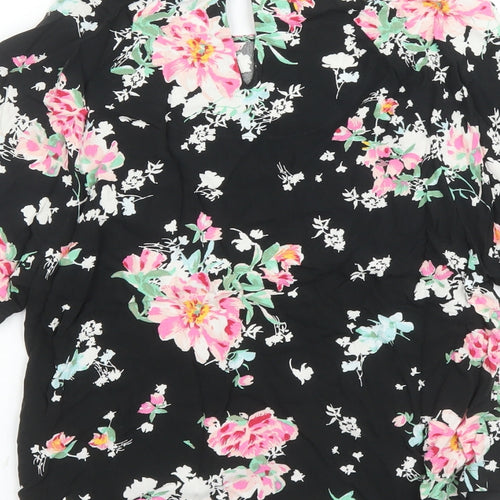 Marks and Spencer Womens Black Floral Viscose Basic Blouse Size 6 Round Neck