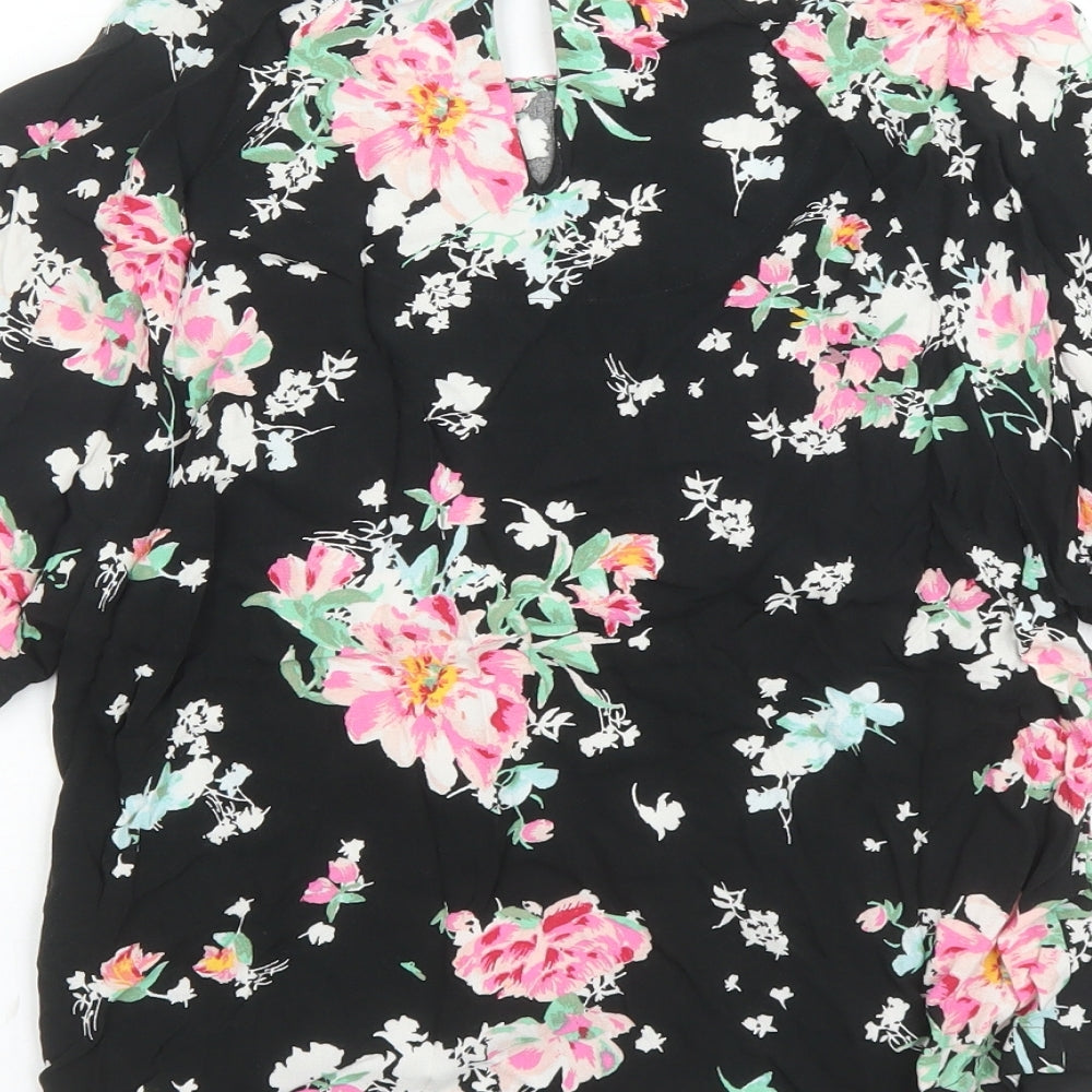 Marks and Spencer Womens Black Floral Viscose Basic Blouse Size 6 Round Neck