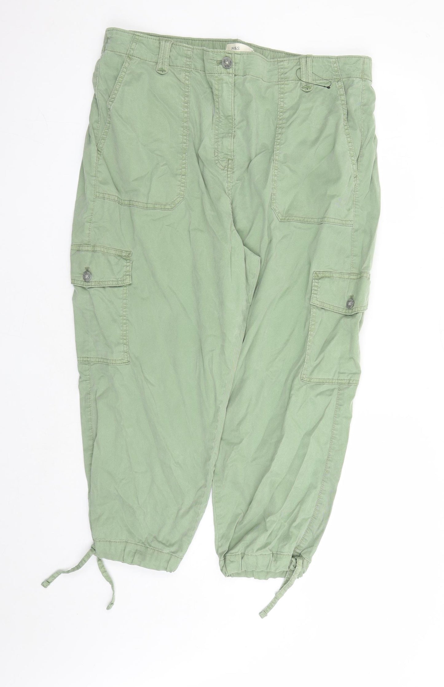 Marks and Spencer Womens Green Lyocell Cargo Trousers Size 18 L22 in Regular Zip - Elasticated Waist