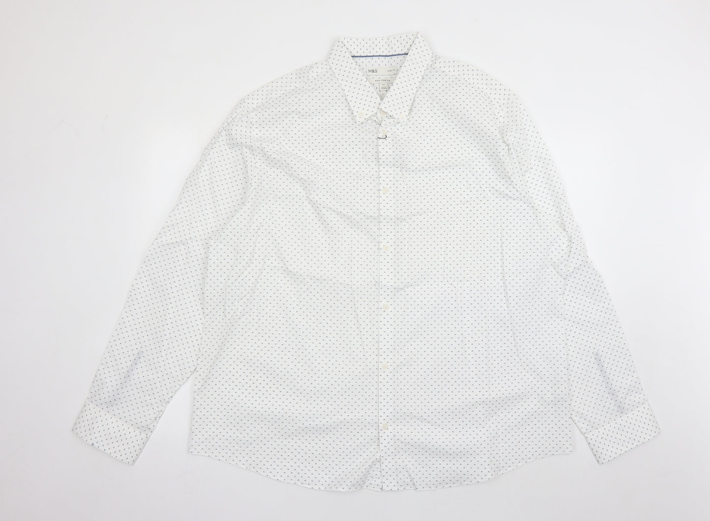 Marks and Spencer Mens White Geometric Cotton Dress Shirt Size 3XL Collared Button - With Stretch