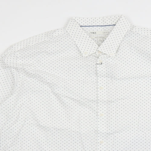 Marks and Spencer Mens White Geometric Cotton Dress Shirt Size 3XL Collared Button - With Stretch